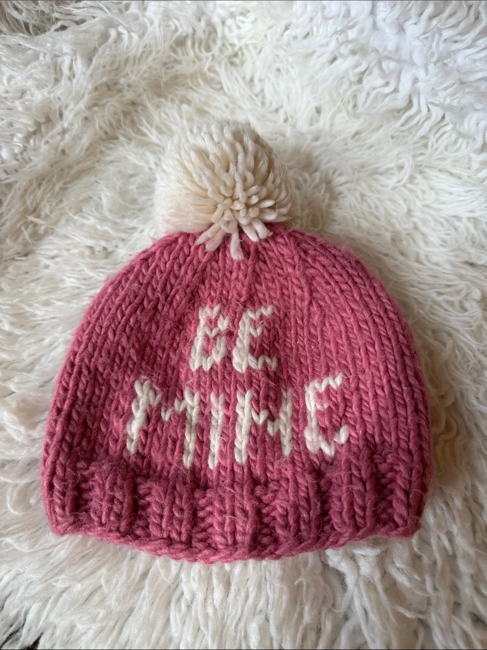 SPEARMINT LOVE | Pink Knit Pom Beanie with Cream 'Be Mine' Detail